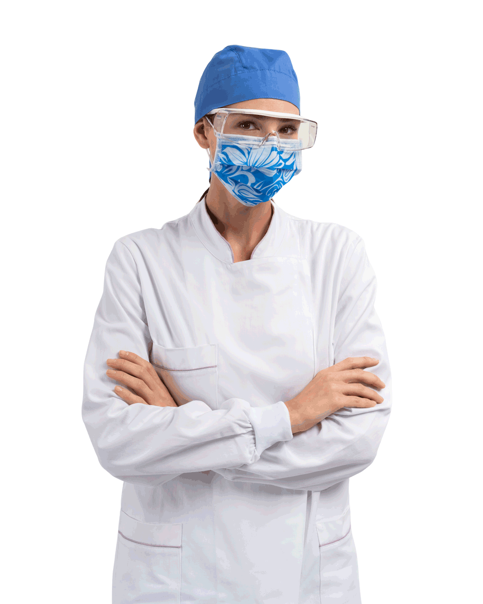 Arzthelferin in Schutzkleidung und Mundschutz flower-blau