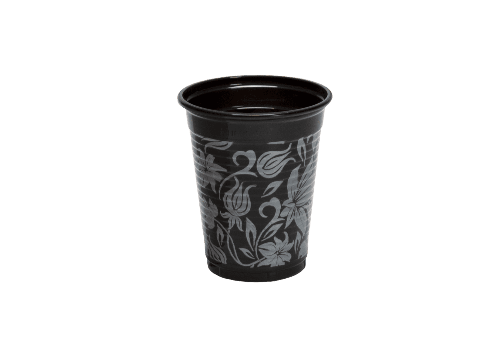 Schwarzer Becher mit Blumenmotiv